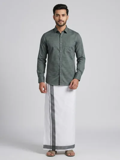 Men Teal Green Matching Border Dhoti With Printed Shirt Set Windsor HNJ5